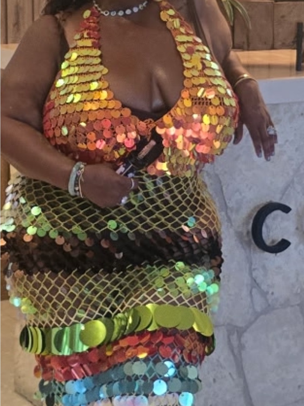 Plus size Sequined Halter Midi Dress in Iridescent Orange-Green